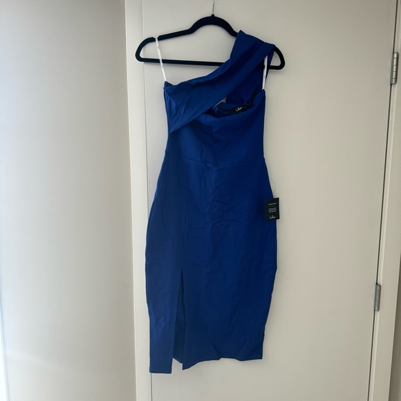 Lulus Royal Blue One Shoulder Bodycon Midi Dress - Size Medium - Picture 3 of 5